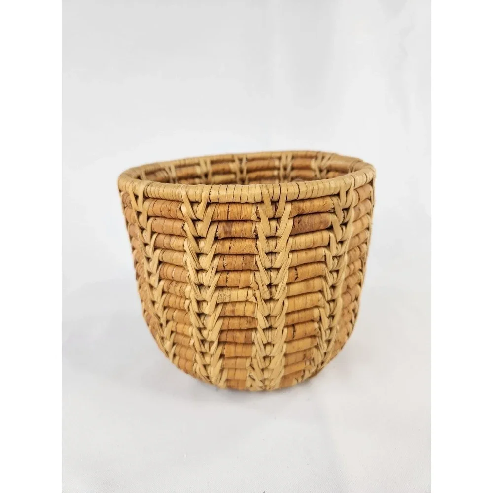 Vintage Primitive Coil Basket Grass Hand Woven Brown Tan Planter Pot Decor Thick